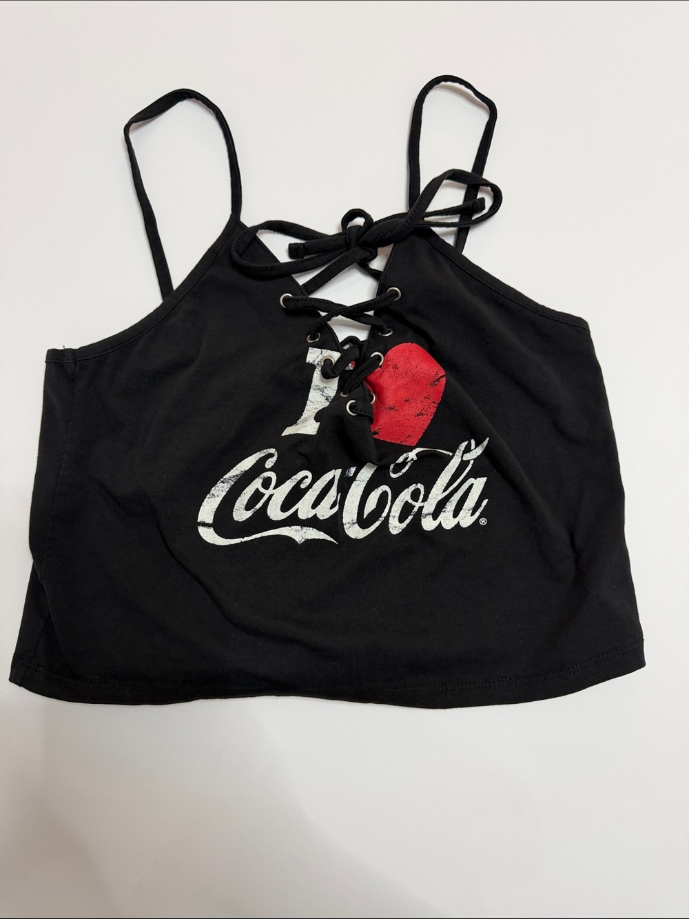 Coca Cola Black Lace-Up Crop Tank with Red Heart Logo